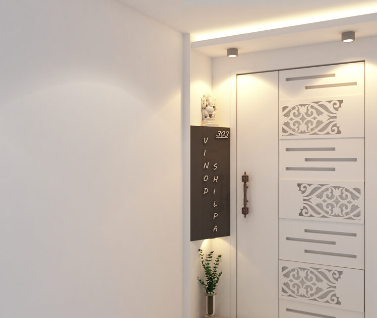 Apartment entrance design with decorative main door and nameplate