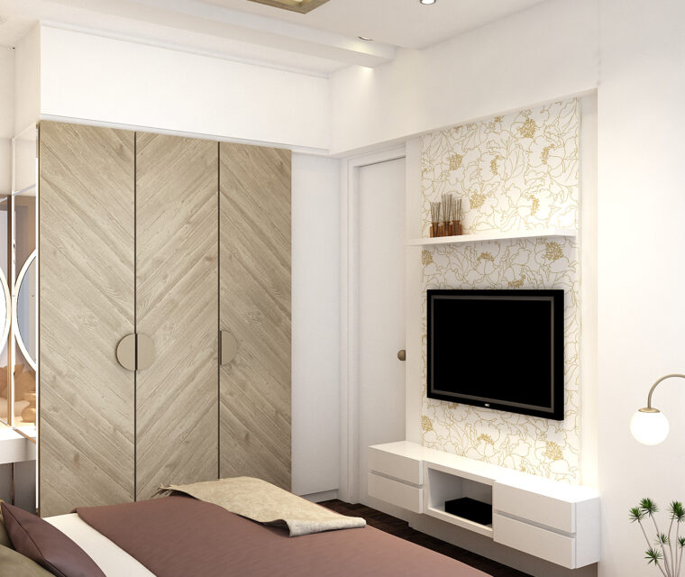 Modern TV unit with gold accent wallpaper and floating cabinet