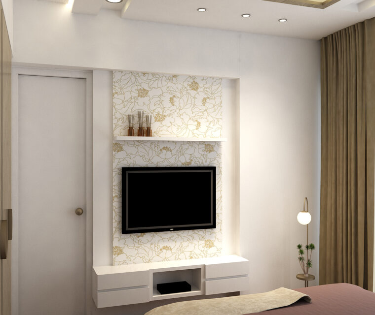 Cozy bedroom space with gold accent wallpaper and neutral curtains