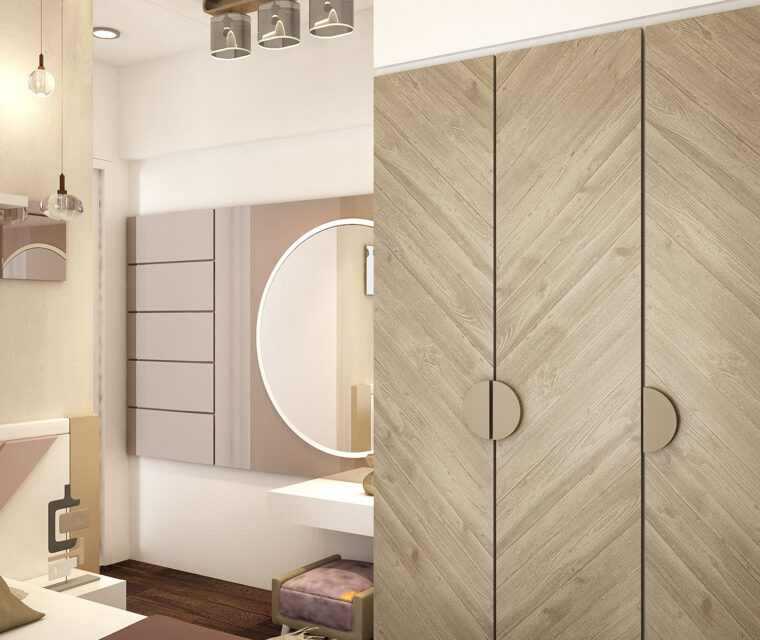 Master bedroom with patterned wood wardrobe and dressing table