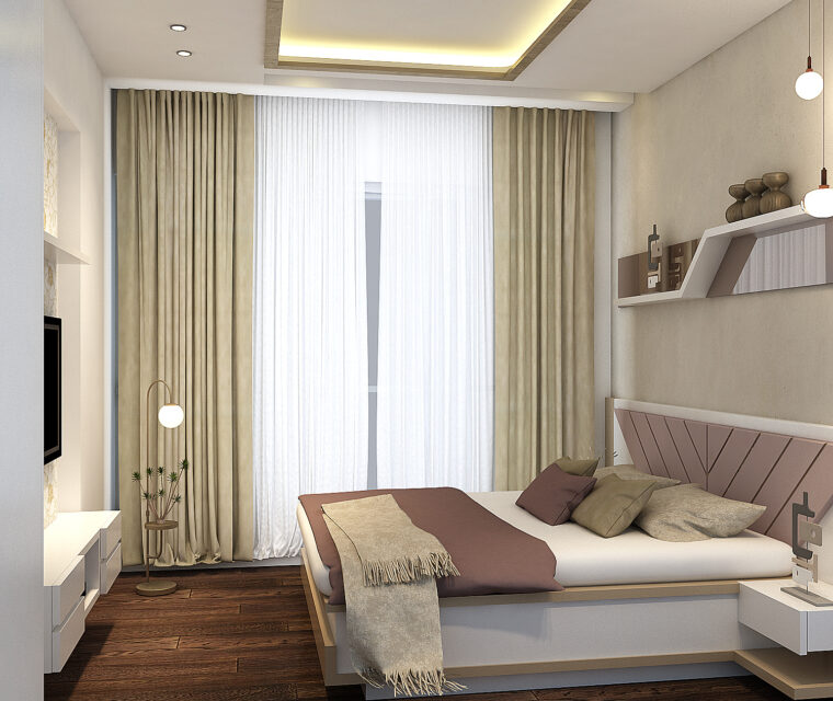 Luxury bedroom design featuring curtains and contemporary lighting