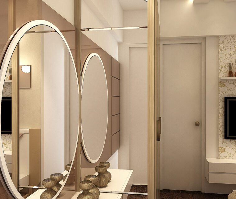 Large living room with feature wall, open seating, and art pieces