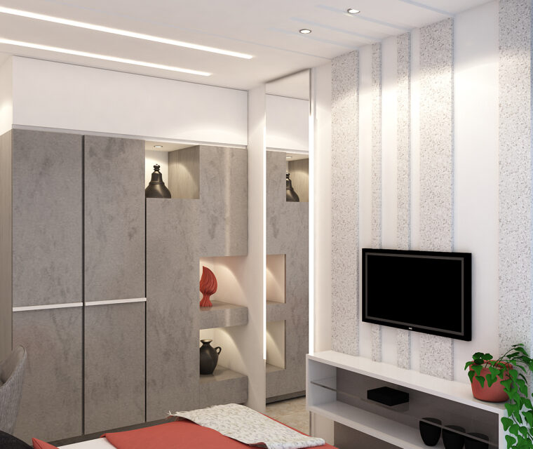 Textured wardrobe and white TV panel in master bedroom design