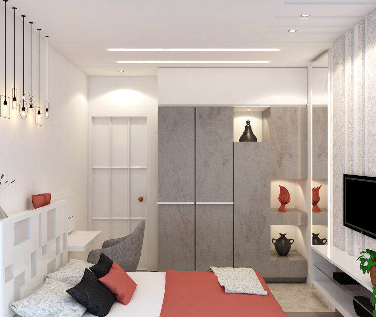 Bedroom wardrobe with integrated lighting and decor shelves