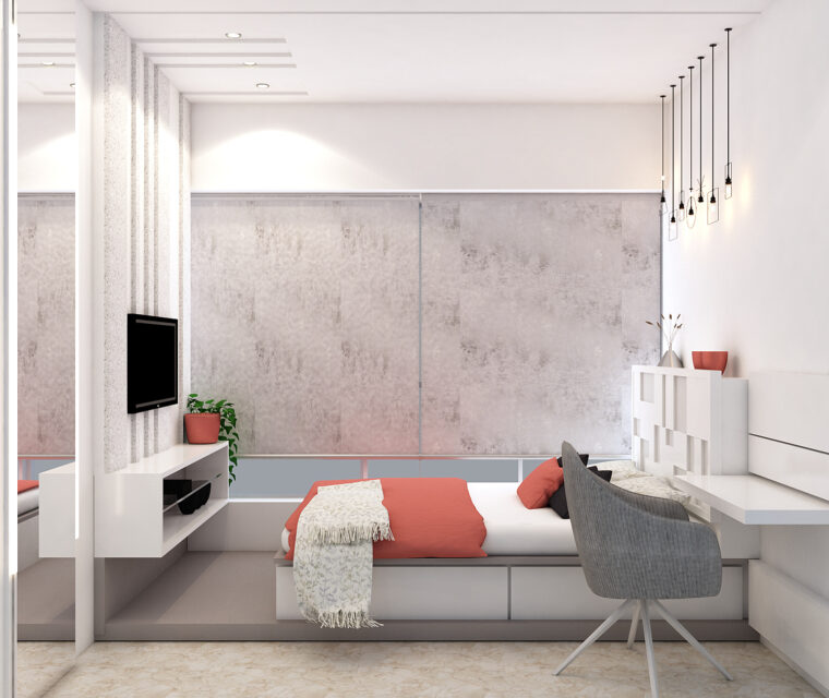 Textured accent wardrobe in minimalist bedroom setting