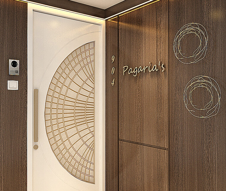 Modern bedroom interior with patterned headboard and pastel accents