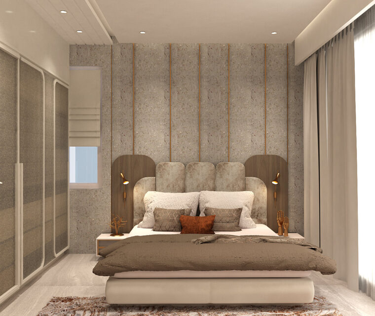Contemporary plush bedroom interior, soft pastel color palette and pendant lighting