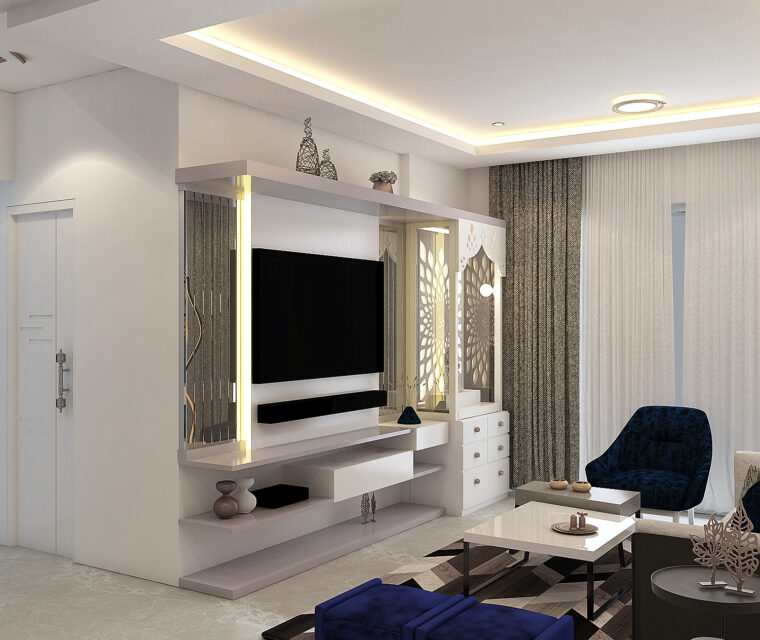 Elegant living room with TV panel, blue wall, and decorative shelving