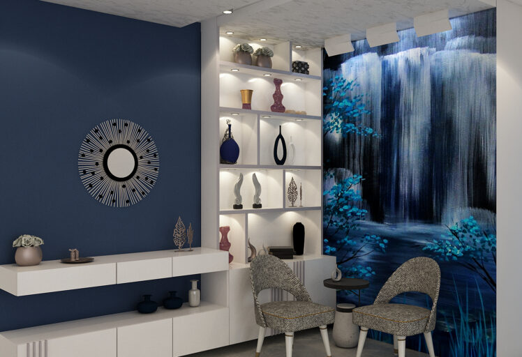 Contemporary lounge area with waterfall mural and open shelving
