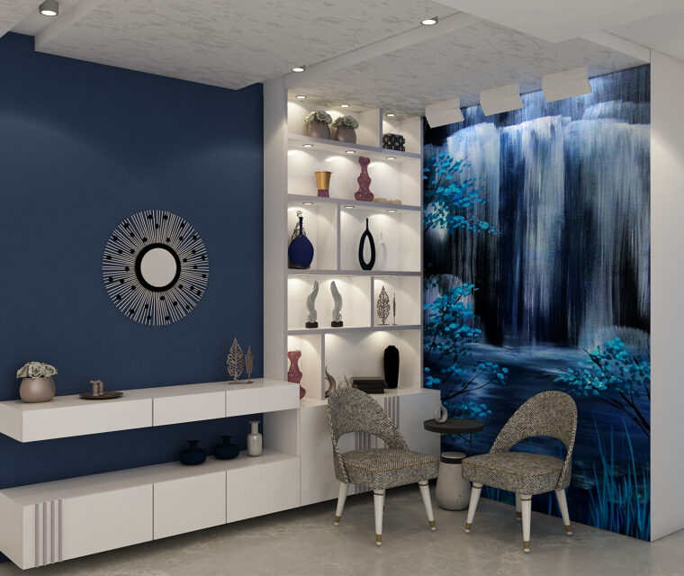 Contemporary lounge area with waterfall mural and open shelving