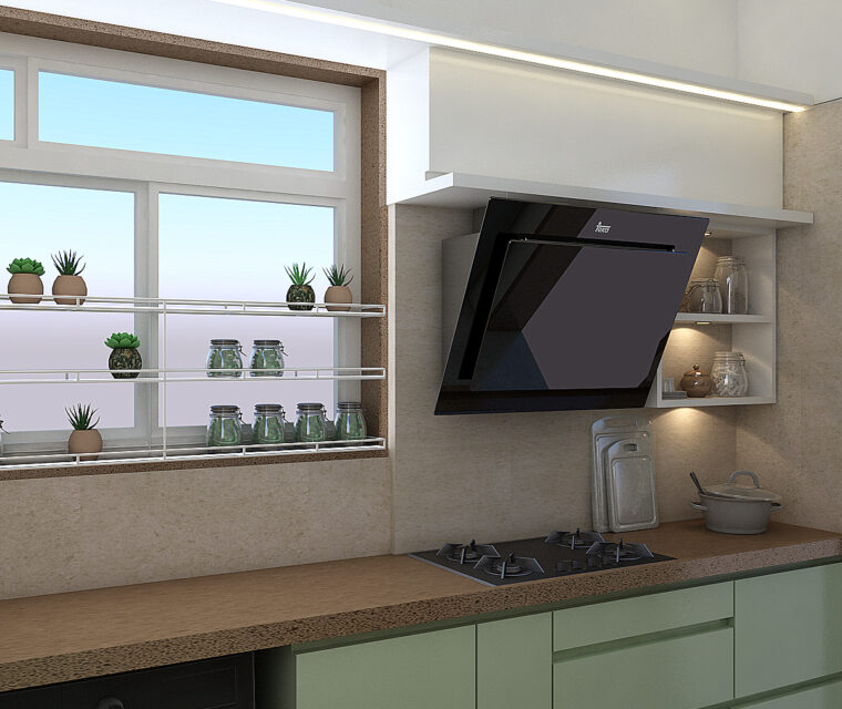 Modern kitchen with green cabinets and sleek appliances