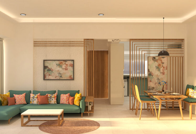 Open plan living and dining area with teal sectional, wooden partition, and contemporary decor