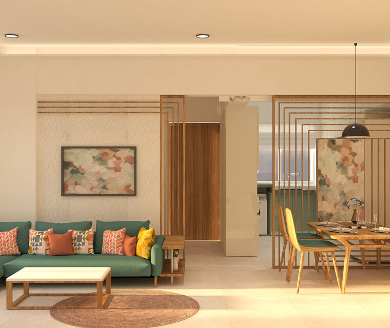 Open plan living and dining area with teal sectional, wooden partition, and contemporary decor