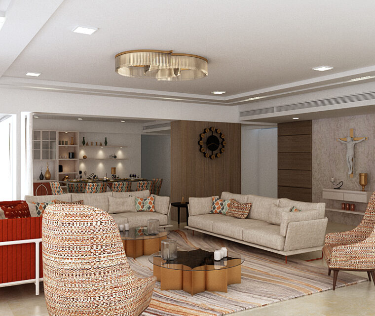 Spacious open living room with modern sofas, accent chairs, and decorative lighting