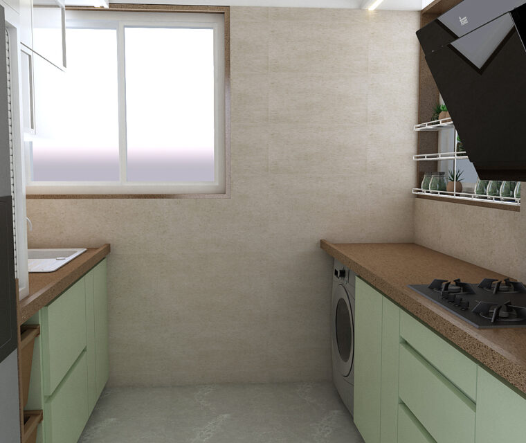 Parallel kitchen layout with window shelving and indoor plants