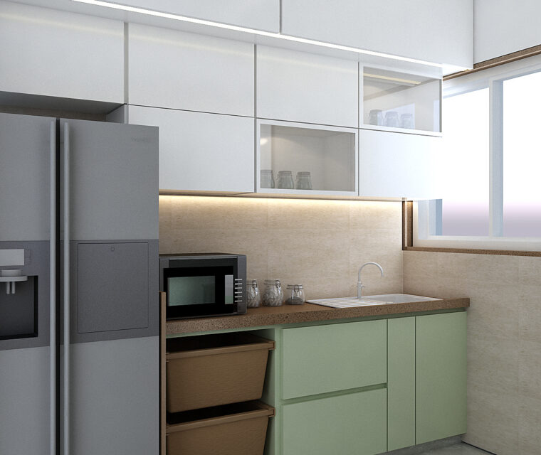 Study or guest room with coral sofa and large windows