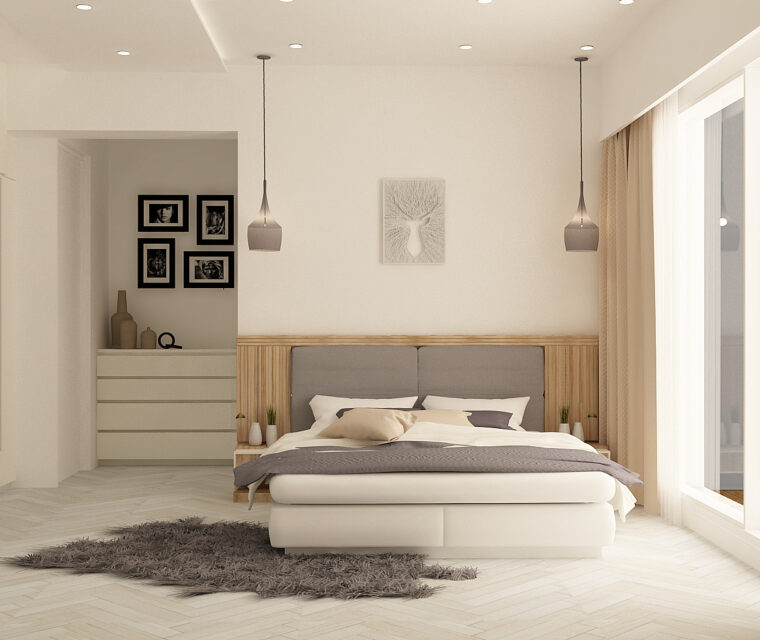 Elegant master bedroom featuring wood accent panel, textured rug, soft lighting, and wall décor