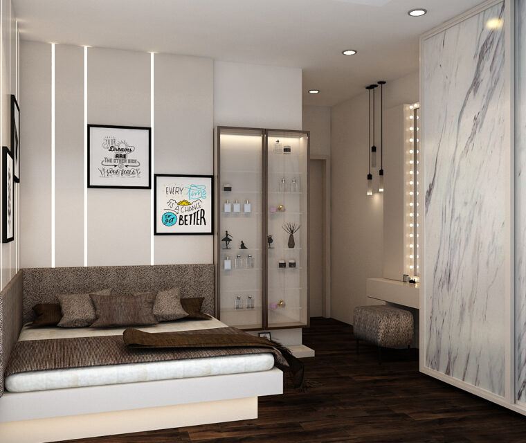 Cozy bedroom with dark wooden floors, modern wall art, and illuminated bed base in urban apartment