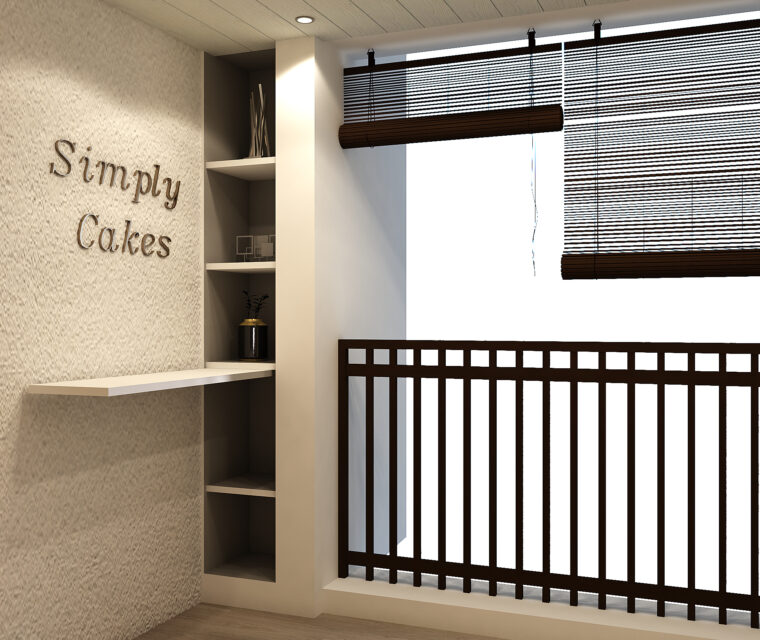 Beige bedroom with geometric patterned wallpaper and TV unit
