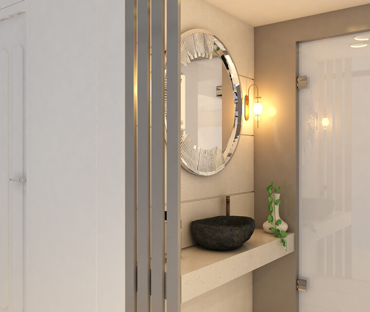 Neutral bedroom with floral headboard, beige bed, and soft lighting