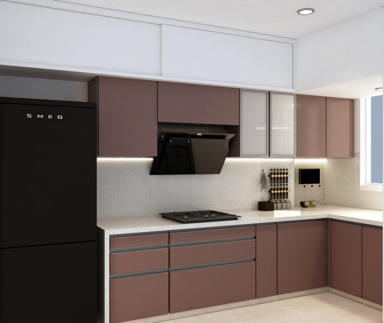 Modern wooden wardrobe with geometric design in a cream bedroom