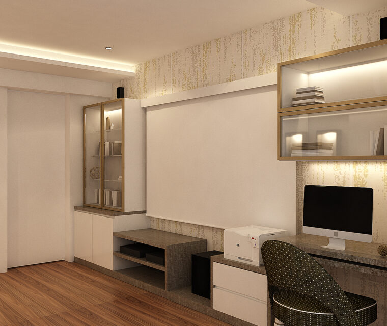 Modern home office interior design with wood flooring, built-in desk, and shelving units