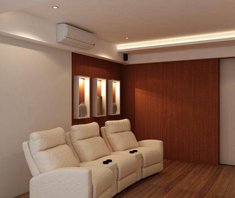 Home theater room design with recliner sofas, wooden flooring, and modern lighting