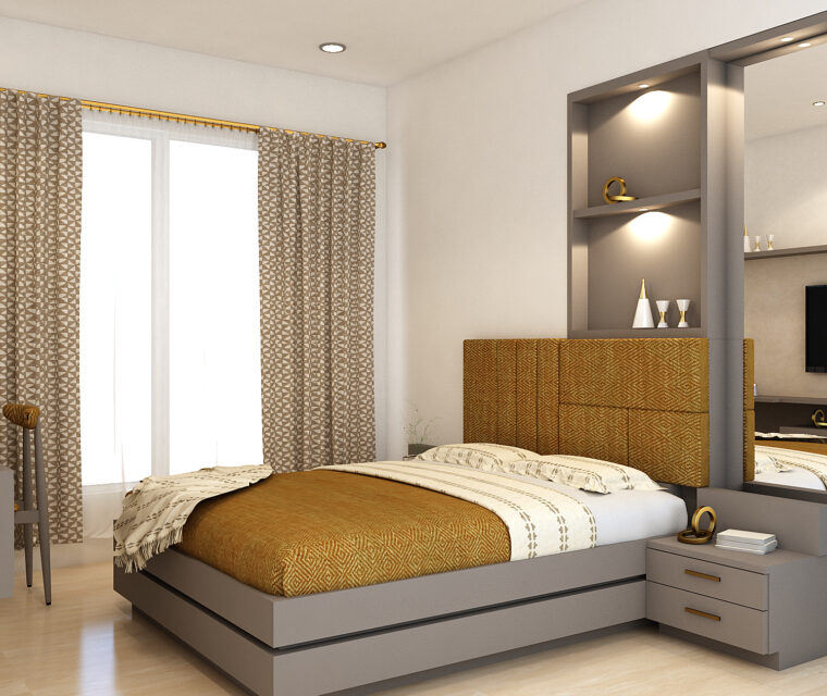 Bedroom wardrobe with contemporary circular detail in a light wood finish