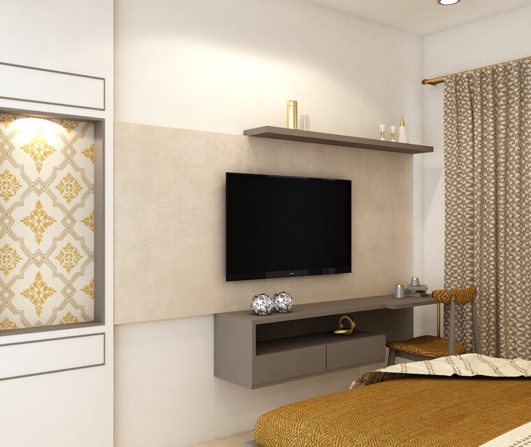Modern TV unit and study table in mustard-themed bedroom