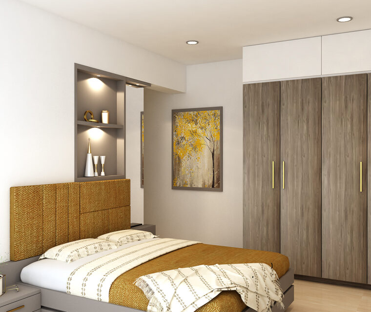 Cozy bedroom with brown padded headboard, open shelving, and modern decor