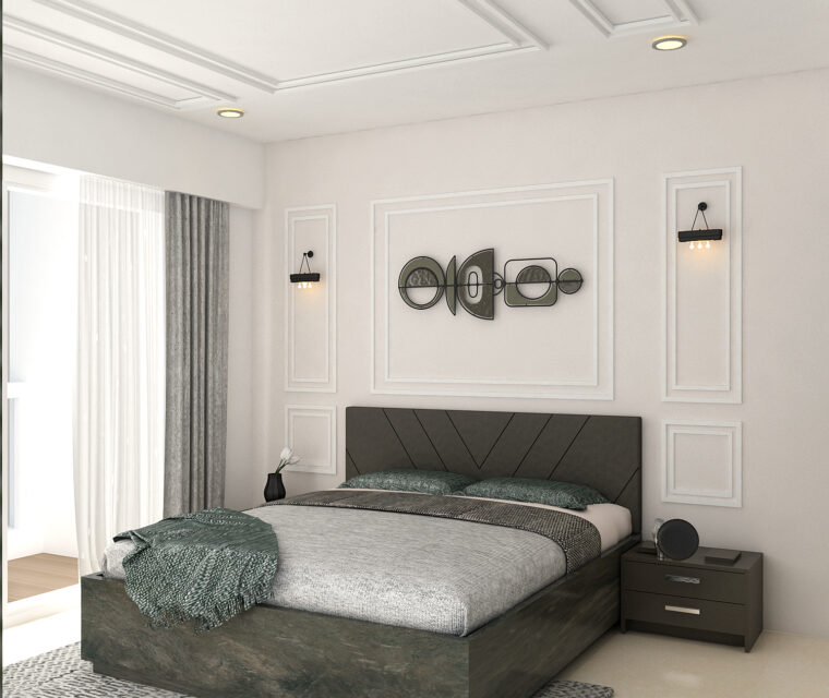 Elegant master bedroom with padded headboard, grey palette, and modern wall decor