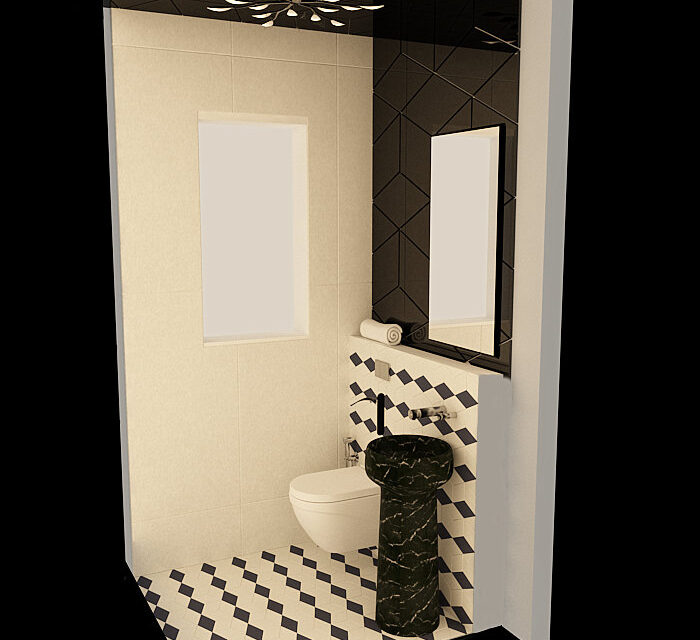 Powder room interior with black ceiling, patterned tiles, and pedestal sink