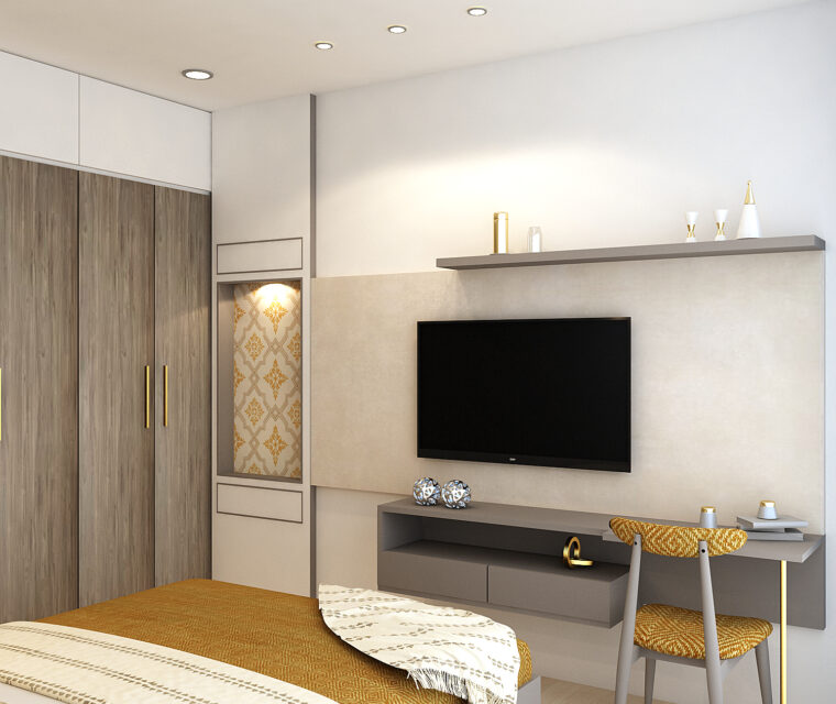 Bedroom design with matching wardrobe and accent chair, mustard and grey