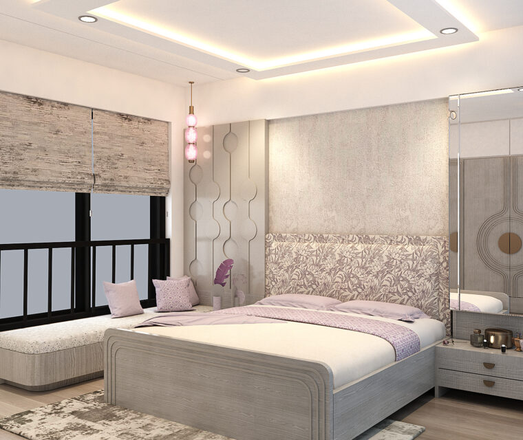Elegant seating area in bedroom with pendant light and soft lilac tones
