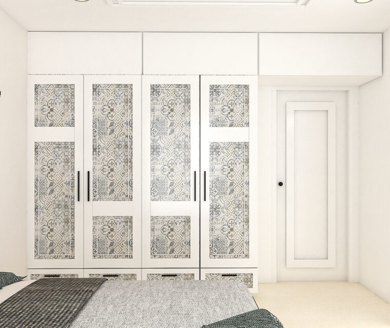 Contemporary bedroom wardrobe with patterned panels and minimalist white decor