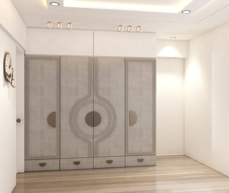 Entryway with custom white main door, wooden panelling, and nameplate