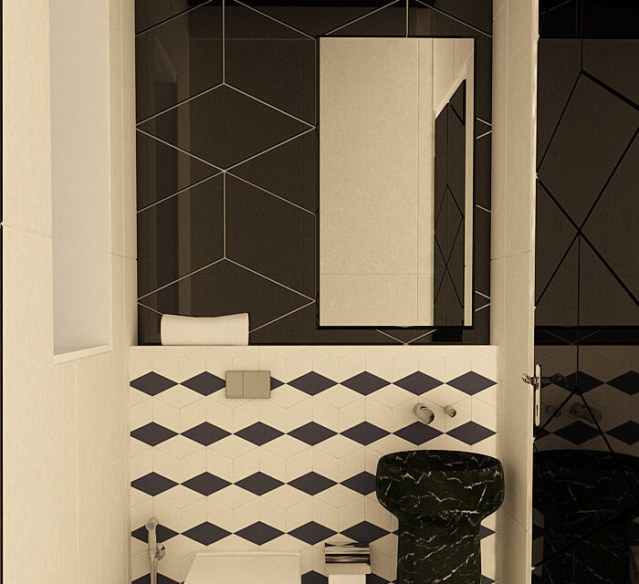 Bedroom with blue velvet headboard, coordinated curtains, and accent decor