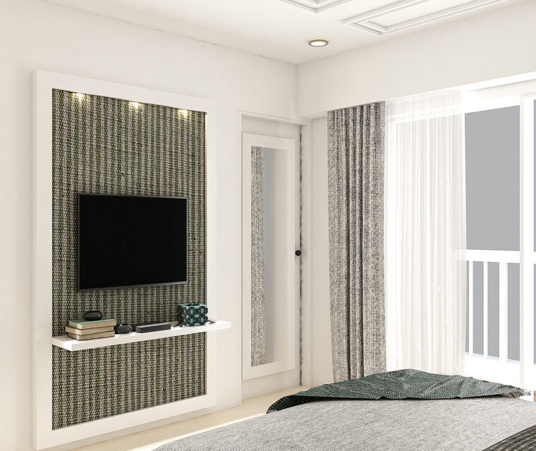 Elegant monochrome bedroom with plush decor, designer lighting, and upholstered headboard