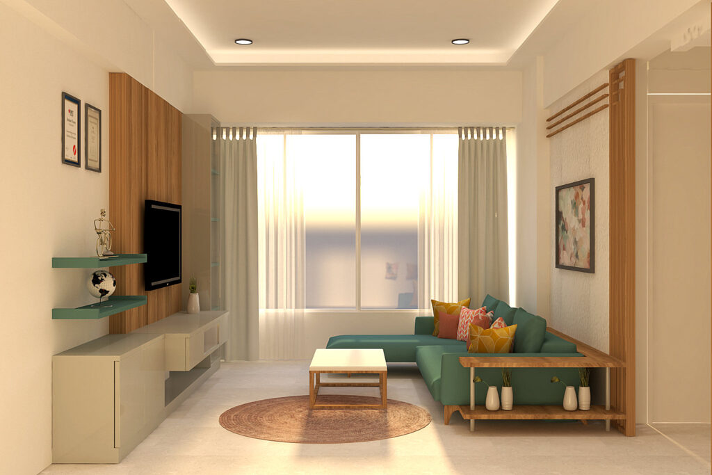 Minimalist TV unit design with wood paneling, floating shelves, display cabinet, and neutral palette