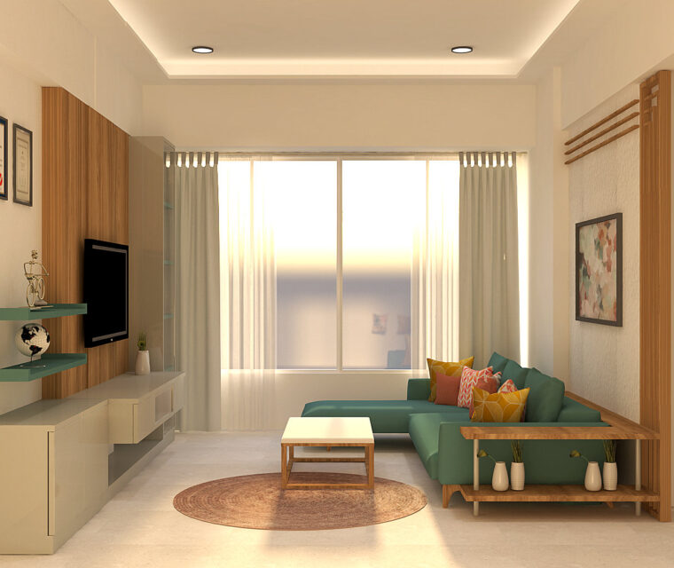 Minimalist TV unit design with wood paneling, floating shelves, display cabinet, and neutral palette