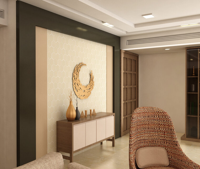 Luxury living room with stylish wall art, neutral tones, and decorative accents