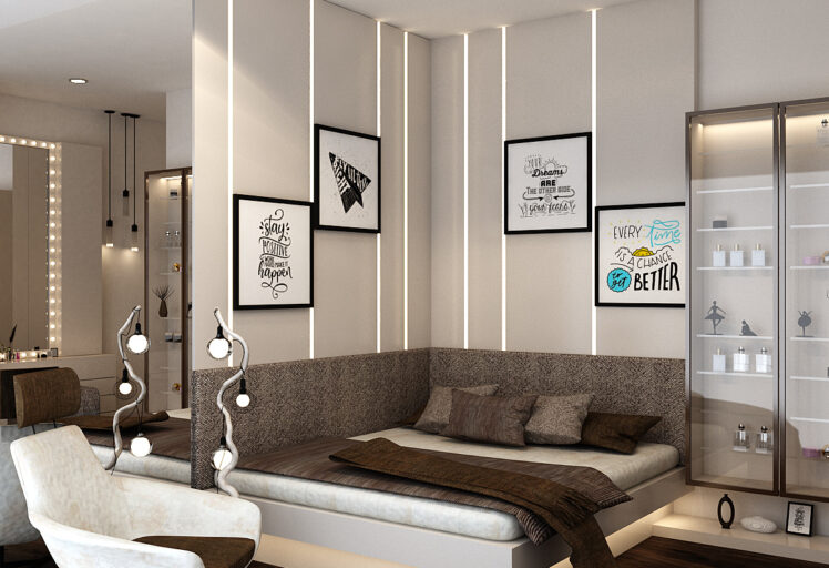 Modern bedroom with large windows, study desk, and minimalist workstation setup