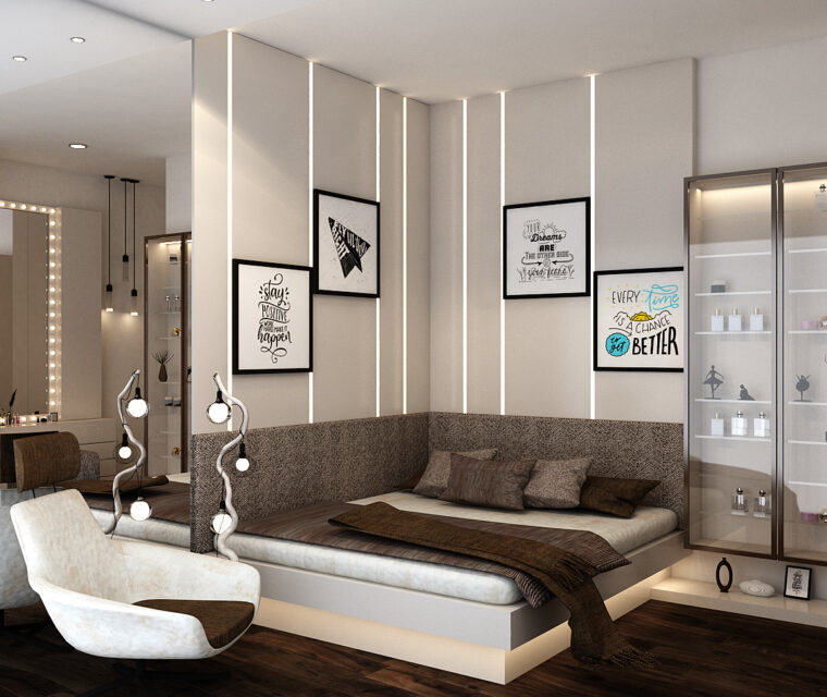 Modern bedroom with large windows, study desk, and minimalist workstation setup