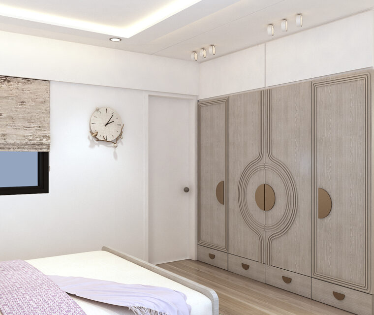 Modern wall-to-wall wardrobe in beige with geometric circular pattern