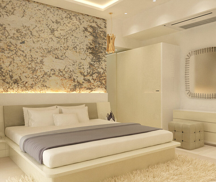 Minimalist beige bedroom with marble textured accent wall and decorative mirror