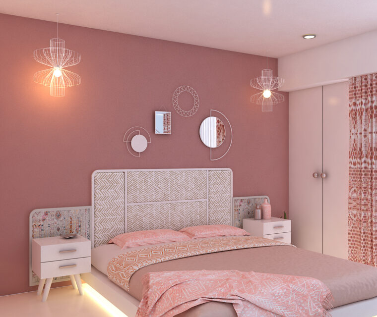 Pink-themed bedroom interior for kids, featuring geometric wall art and illuminated headboard