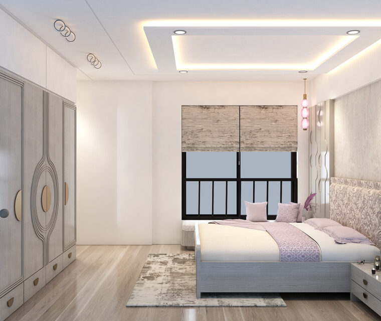 Stylish bench seating in pastel bedroom with modern pendant light