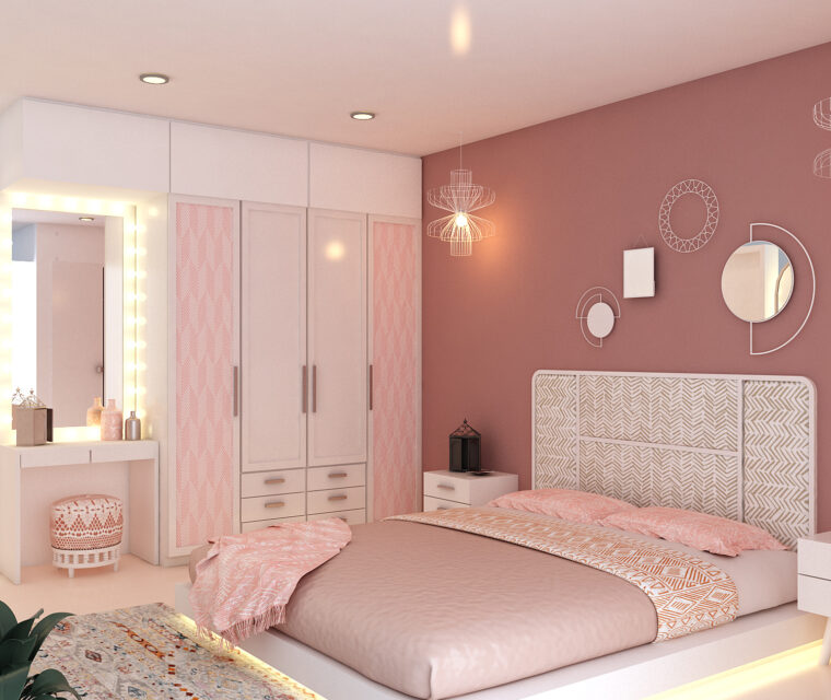 Contemporary bedroom wardrobe and dressing area with integrated lighting and modern furnishings