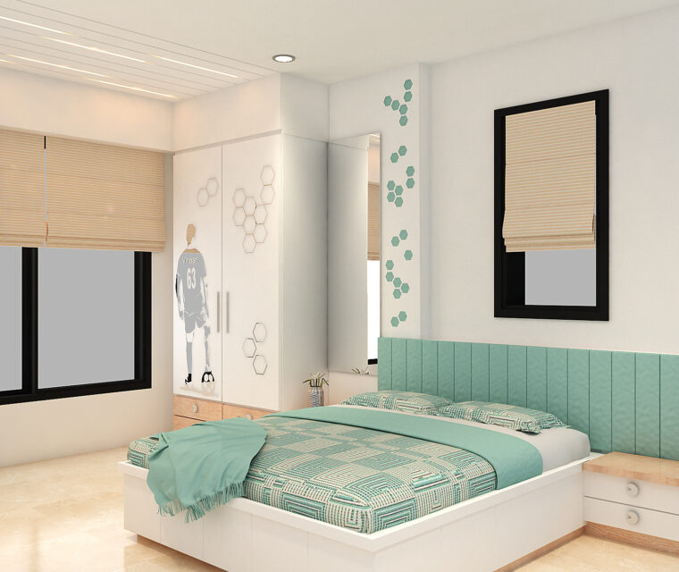 Kids’ room with teal bed, custom study desk, and geometric wall art