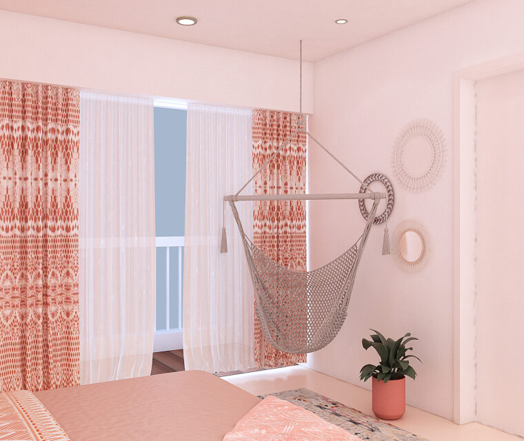 Bohemian bedroom with hanging hammock chair, textured wall decor, and patterned drapes